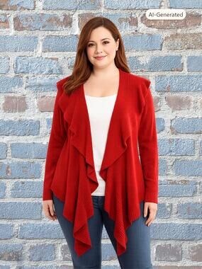 Covington Red Cascading Ruffle Open Cardigan Sweater – Medium Petite